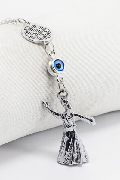 Gümüş Renkli Yaşam Çiçekli Çerçeveli Nazar Boncuklu Semazenli Dikiz Ayna Süsü