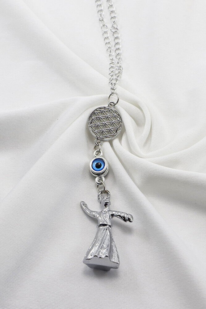 Gümüş Renkli Yaşam Çiçekli Çerçeveli Nazar Boncuklu Semazenli Dikiz Ayna Süsü