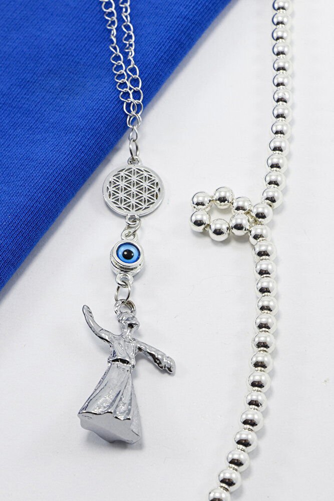 Gümüş Renkli Yaşam Çiçekli Çerçeveli Nazar Boncuklu Semazenli Dikiz Ayna Süsü