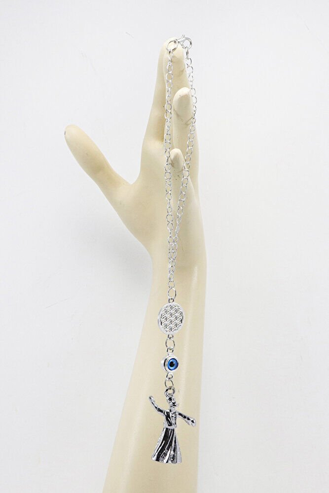 Gümüş Renkli Yaşam Çiçekli Çerçeveli Nazar Boncuklu Semazenli Dikiz Ayna Süsü