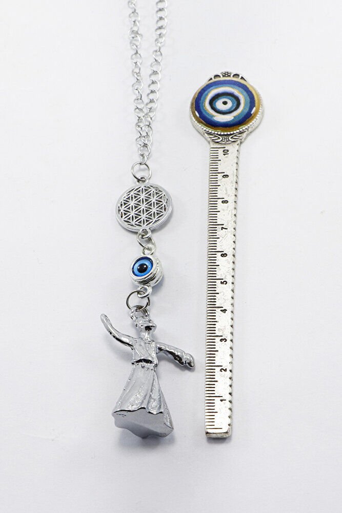 Gümüş Renkli Yaşam Çiçekli Çerçeveli Nazar Boncuklu Semazenli Dikiz Ayna Süsü