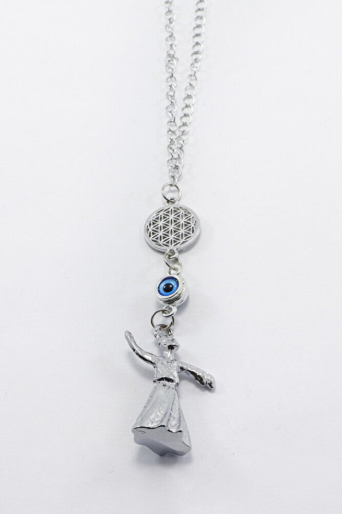 Gümüş Renkli Yaşam Çiçekli Çerçeveli Nazar Boncuklu Semazenli Dikiz Ayna Süsü