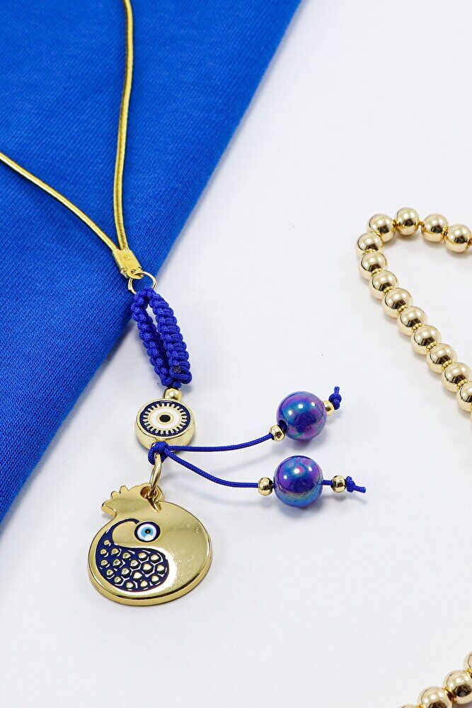 Lacivert Renkli Çerçeveli Nazar Boncuklu Desenli Nar Figürlü Dikiz Ayna Süsü, Yeni Araba Hediyesi