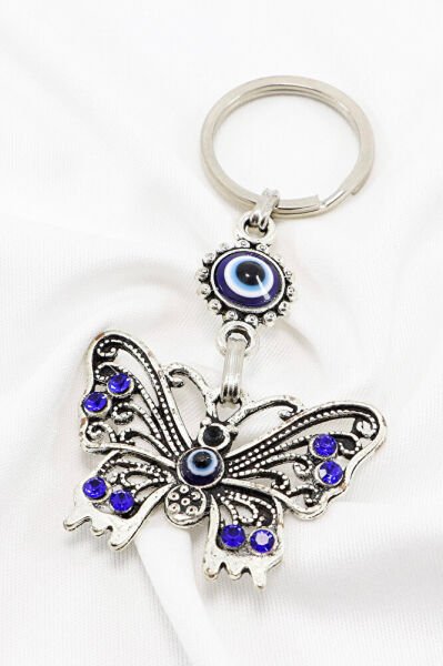 Navy Blue Shiny Stone Metal Butterfly Keychain, Butterfly Gift