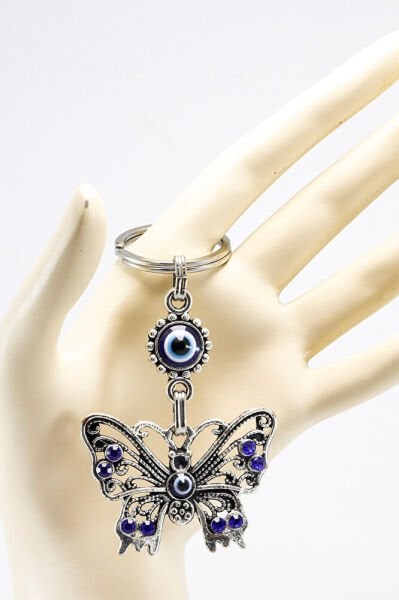 Navy Blue Shiny Stone Metal Butterfly Keychain, Butterfly Gift