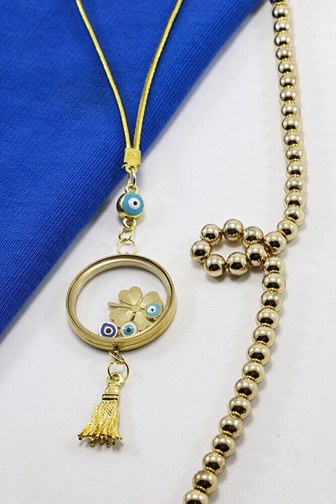 Püsküllü Gold Renkli Nazarlı Çelik Çerçeveli Yoncalı Açılabilir Fanus Model Dikiz Ayna Süsü