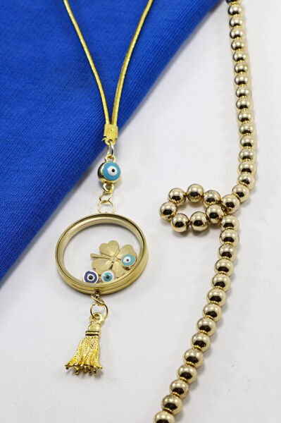 Püsküllü Gold Renkli Nazarlı Çelik Çerçeveli Yoncalı Açılabilir Fanus Model Dikiz Ayna Süsü