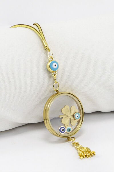 Püsküllü Gold Renkli Nazarlı Çelik Çerçeveli Yoncalı Açılabilir Fanus Model Dikiz Ayna Süsü