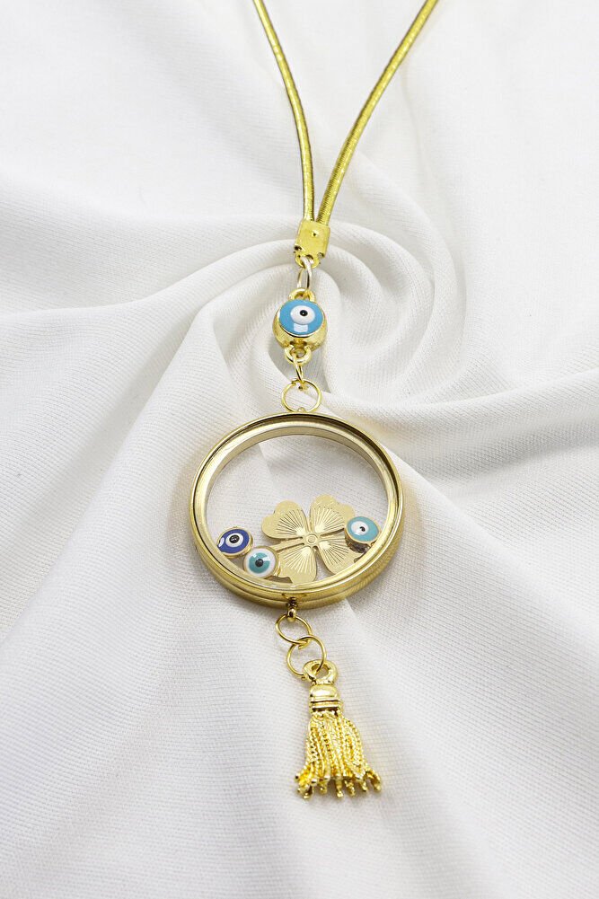 Püsküllü Gold Renkli Nazarlı Çelik Çerçeveli Yoncalı Açılabilir Fanus Model Dikiz Ayna Süsü