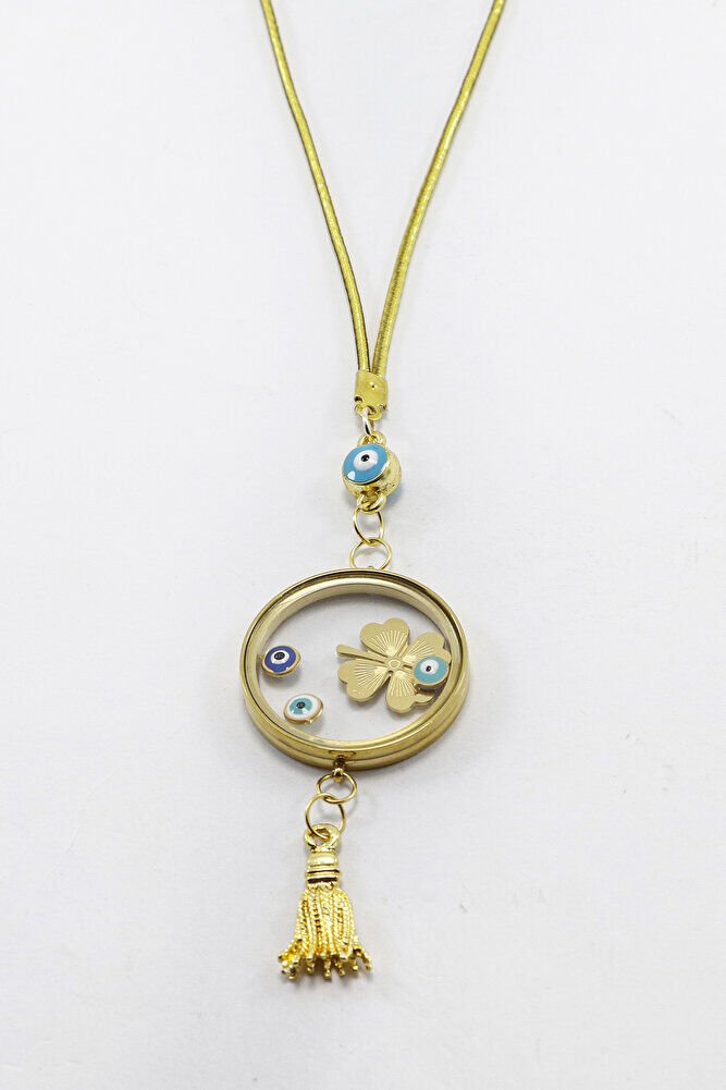 Püsküllü Gold Renkli Nazarlı Çelik Çerçeveli Yoncalı Açılabilir Fanus Model Dikiz Ayna Süsü