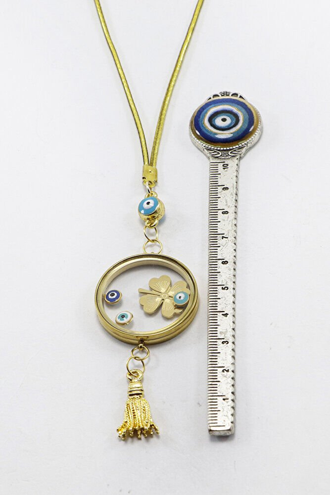 Püsküllü Gold Renkli Nazarlı Çelik Çerçeveli Yoncalı Açılabilir Fanus Model Dikiz Ayna Süsü