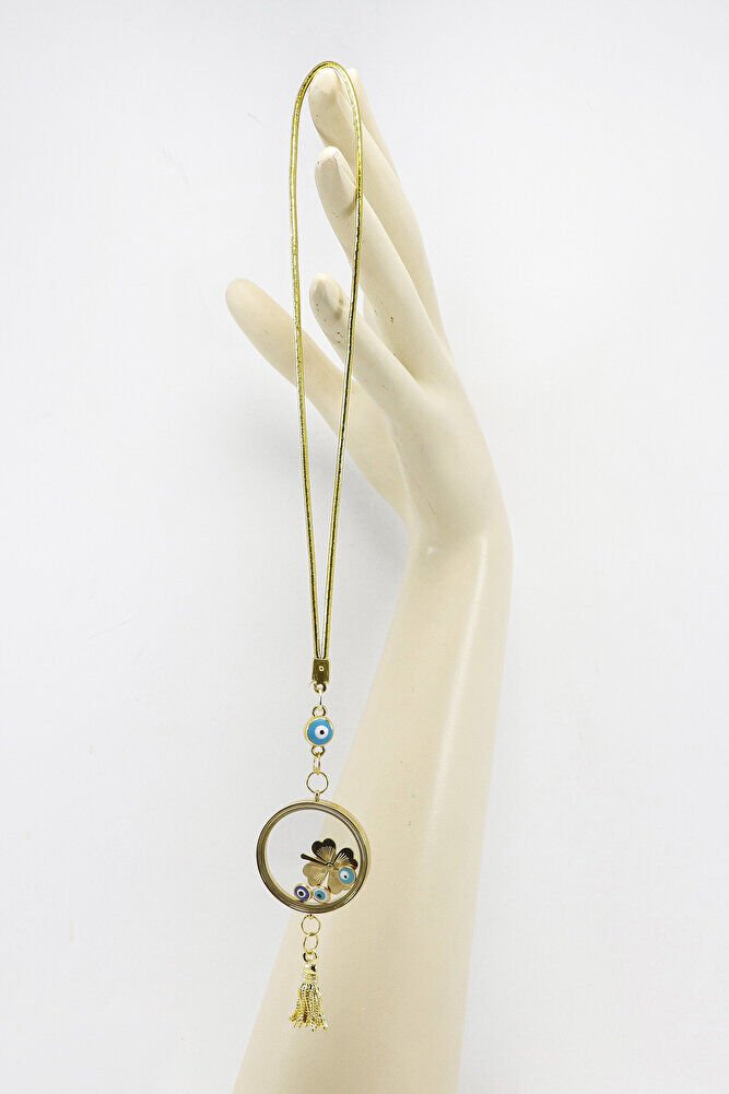 Püsküllü Gold Renkli Nazarlı Çelik Çerçeveli Yoncalı Açılabilir Fanus Model Dikiz Ayna Süsü