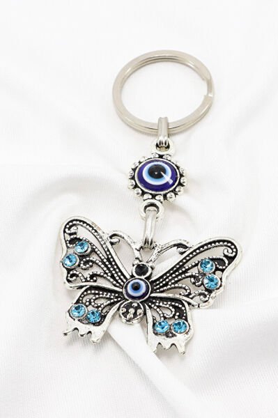 Metal Butterfly Keychain with Turquoise Shiny Stones, Butterfly Gift