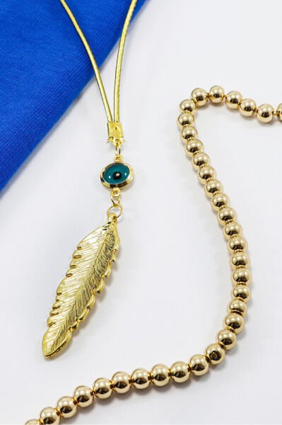 Gold Renkli Çerçeveli Nazar Boncuklu Yaprak Figürlü Dikiz Ayna Süsü, Yeni Araba Hediyesi