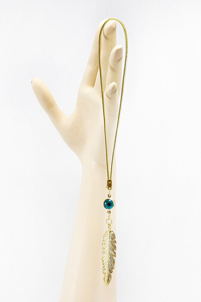 Gold Renkli Çerçeveli Nazar Boncuklu Yaprak Figürlü Dikiz Ayna Süsü, Yeni Araba Hediyesi