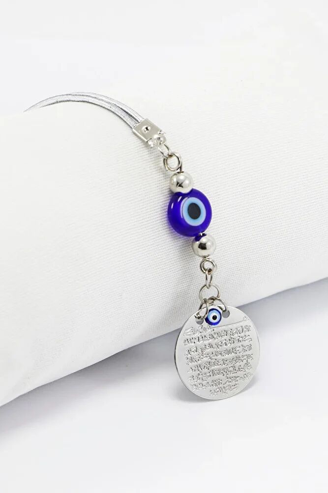 Small Metal Evil Eye Bead with Prayer for Evil Eye Car Rearview Mirror Ornament Handmade Luxury Accessory Silver Color
