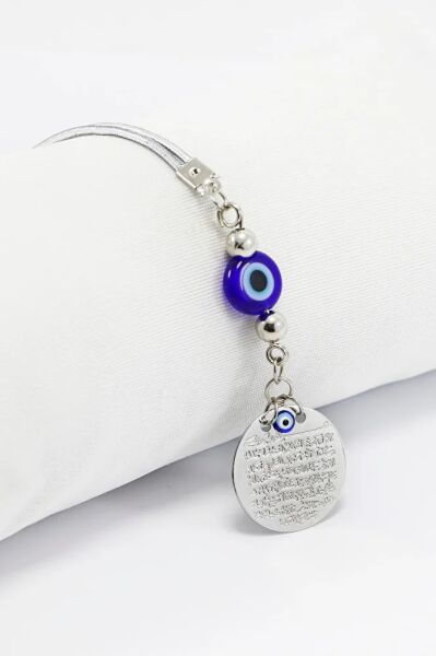 Small Metal Evil Eye Bead with Prayer for Evil Eye Car Rearview Mirror Ornament Handmade Luxury Accessory Silver Color
