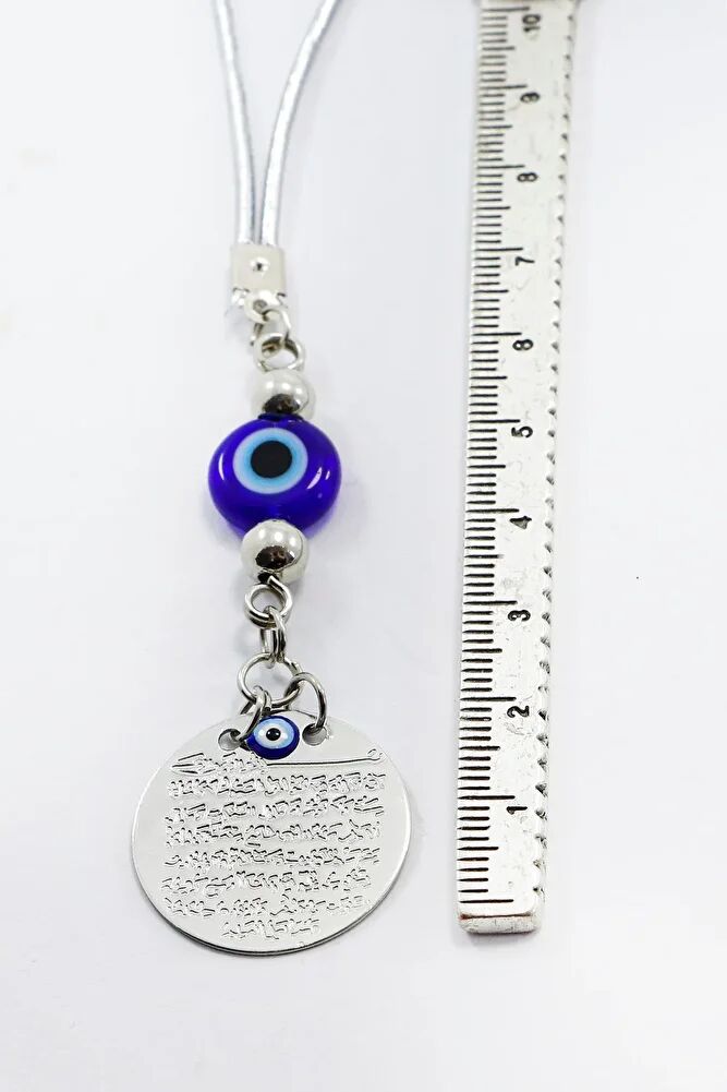 Small Metal Evil Eye Bead with Prayer for Evil Eye Car Rearview Mirror Ornament Handmade Luxury Accessory Silver Color