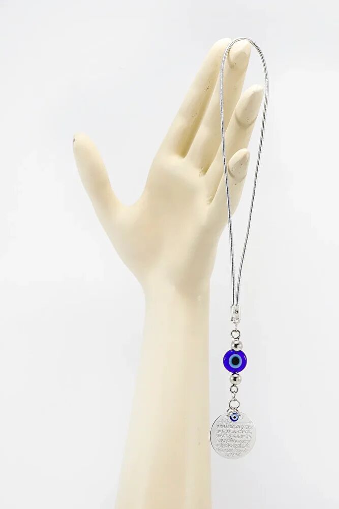 Small Metal Evil Eye Bead with Prayer for Evil Eye Car Rearview Mirror Ornament Handmade Luxury Accessory Silver Color