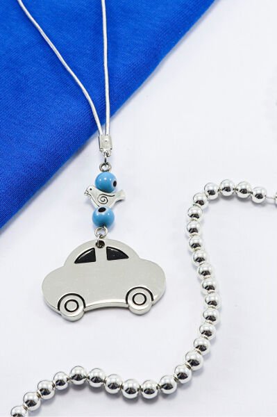 Mavi El Yapımı Cam Nazar Boncuğu Metal Kuş Gümüş Araba Figürlü Dikiz Ayna Süsü, Yeni Araba Hediyesi