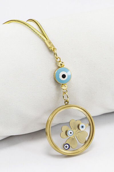 Gold Renkli Nazarlı Çelik Çerçeveli Yoncalı Fanus Model Dikiz Ayna Süsü, Araba Hediyesi