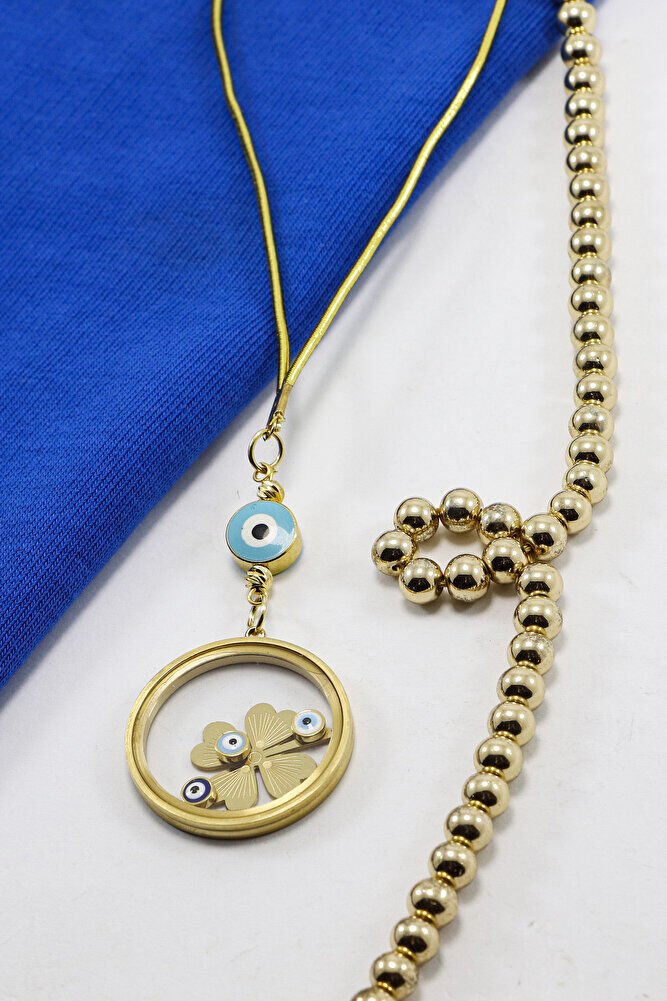 Gold Renkli Nazarlı Çelik Çerçeveli Yoncalı Fanus Model Dikiz Ayna Süsü, Araba Hediyesi