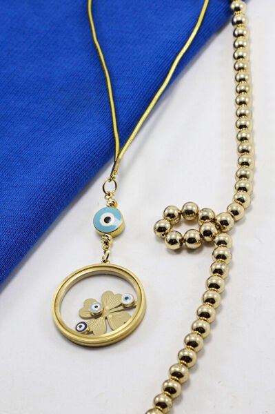 Gold Renkli Nazarlı Çelik Çerçeveli Yoncalı Fanus Model Dikiz Ayna Süsü, Araba Hediyesi