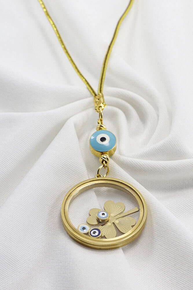 Gold Renkli Nazarlı Çelik Çerçeveli Yoncalı Fanus Model Dikiz Ayna Süsü, Araba Hediyesi