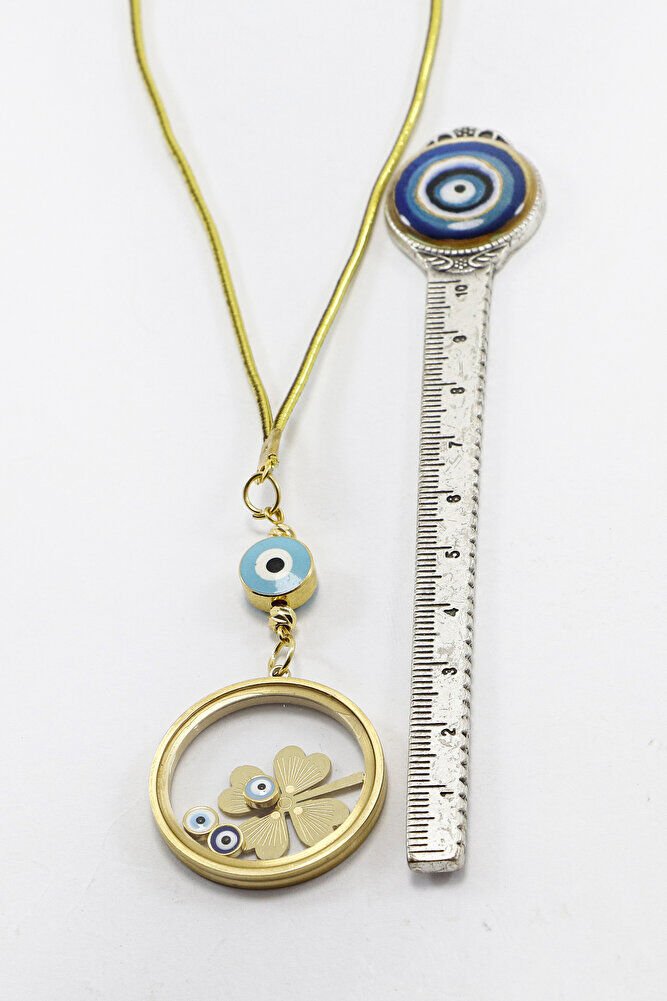 Gold Renkli Nazarlı Çelik Çerçeveli Yoncalı Fanus Model Dikiz Ayna Süsü, Araba Hediyesi