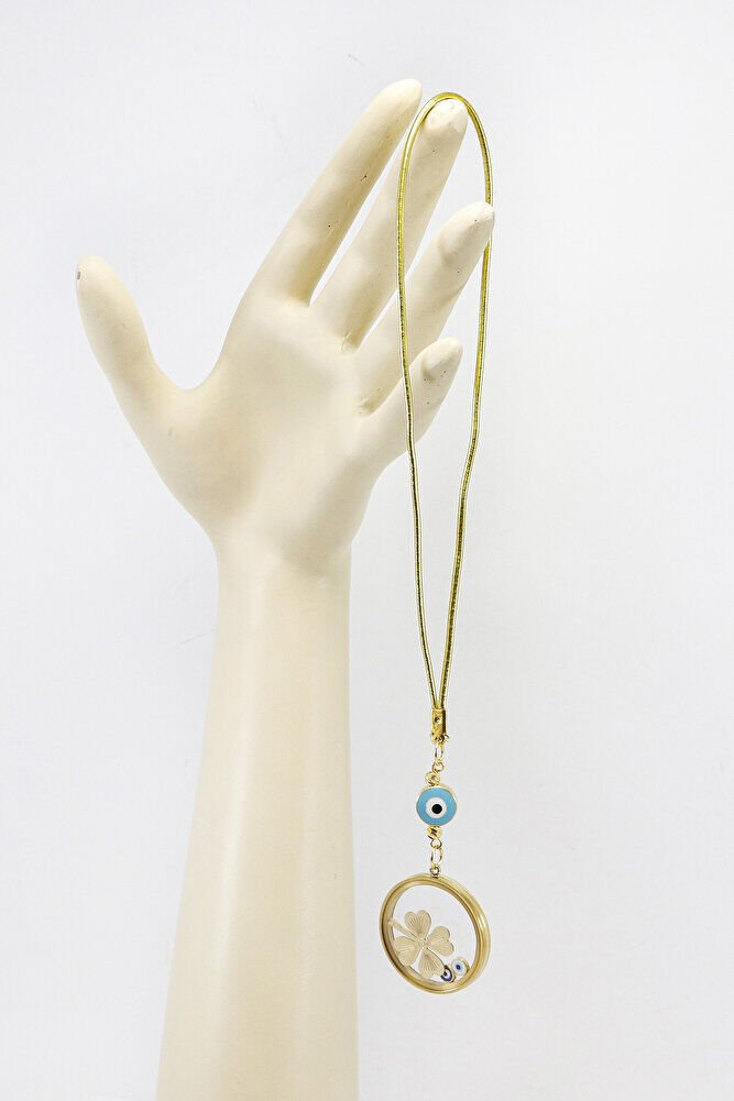 Gold Renkli Nazarlı Çelik Çerçeveli Yoncalı Fanus Model Dikiz Ayna Süsü, Araba Hediyesi