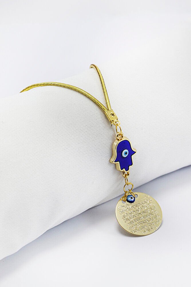 Nazarlı Hamse Eli Metal Ayetel Kürsi Araba Dikiz Ayna Süsü, Gold Renkli