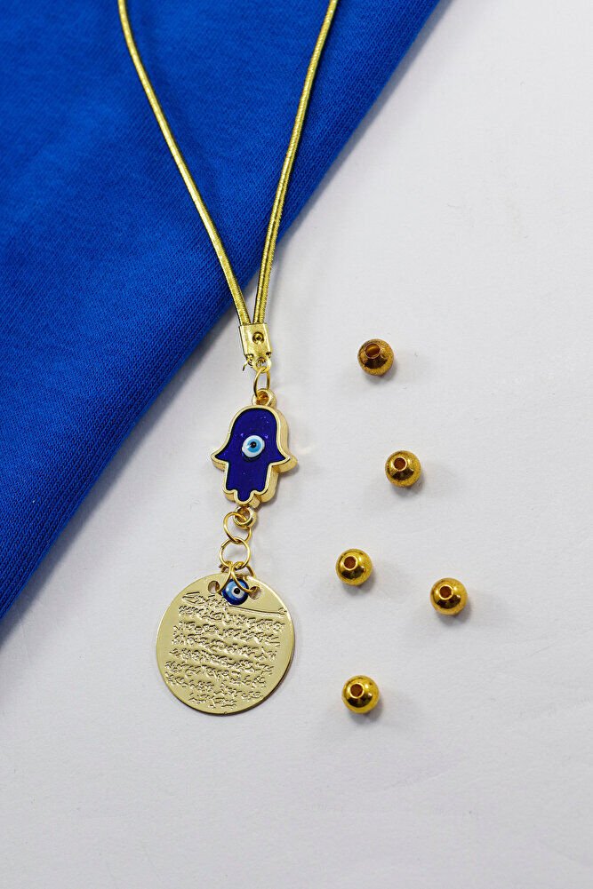 Nazarlı Hamse Eli Metal Ayetel Kürsi Araba Dikiz Ayna Süsü, Gold Renkli