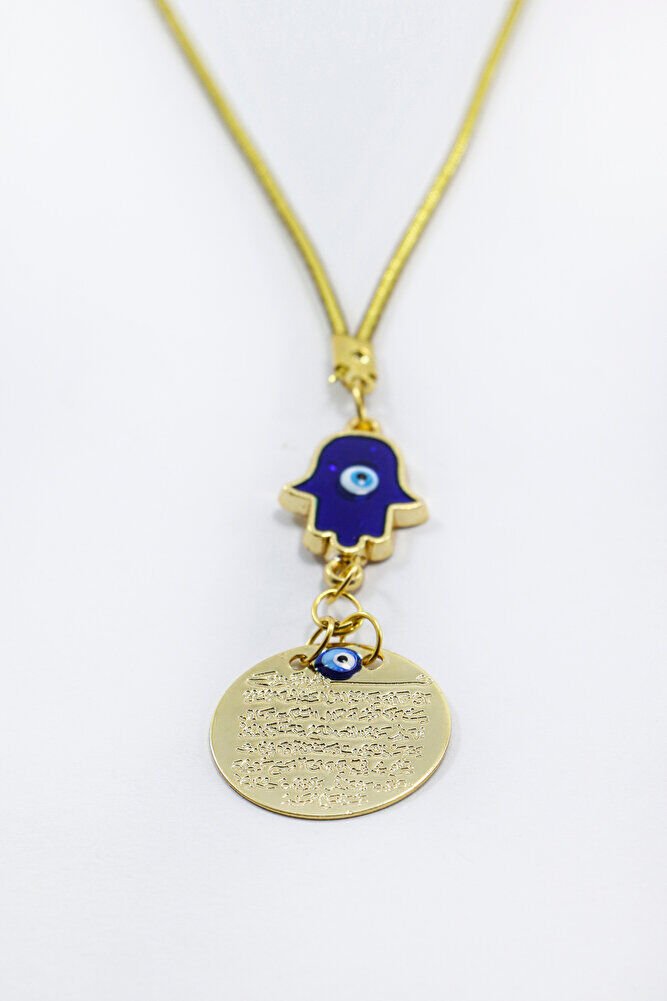 Nazarlı Hamse Eli Metal Ayetel Kürsi Araba Dikiz Ayna Süsü, Gold Renkli