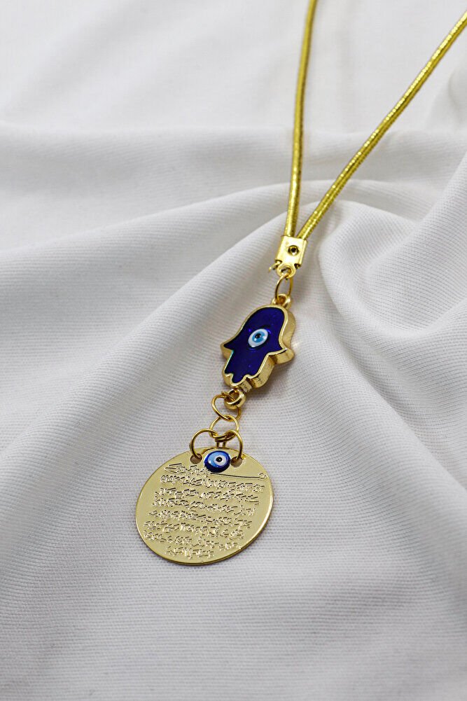 Nazarlı Hamse Eli Metal Ayetel Kürsi Araba Dikiz Ayna Süsü, Gold Renkli