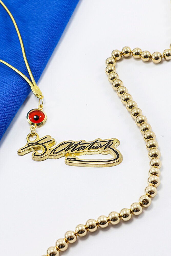 Gold Renkli Çerçeveli Nazar Boncuklu K. Atatürk İmzalı Araba Dikiz Ayna Süsü, Yeni Araba Hediyesi