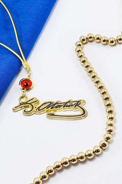 Gold Renkli Çerçeveli Nazar Boncuklu K. Atatürk İmzalı Araba Dikiz Ayna Süsü, Yeni Araba Hediyesi