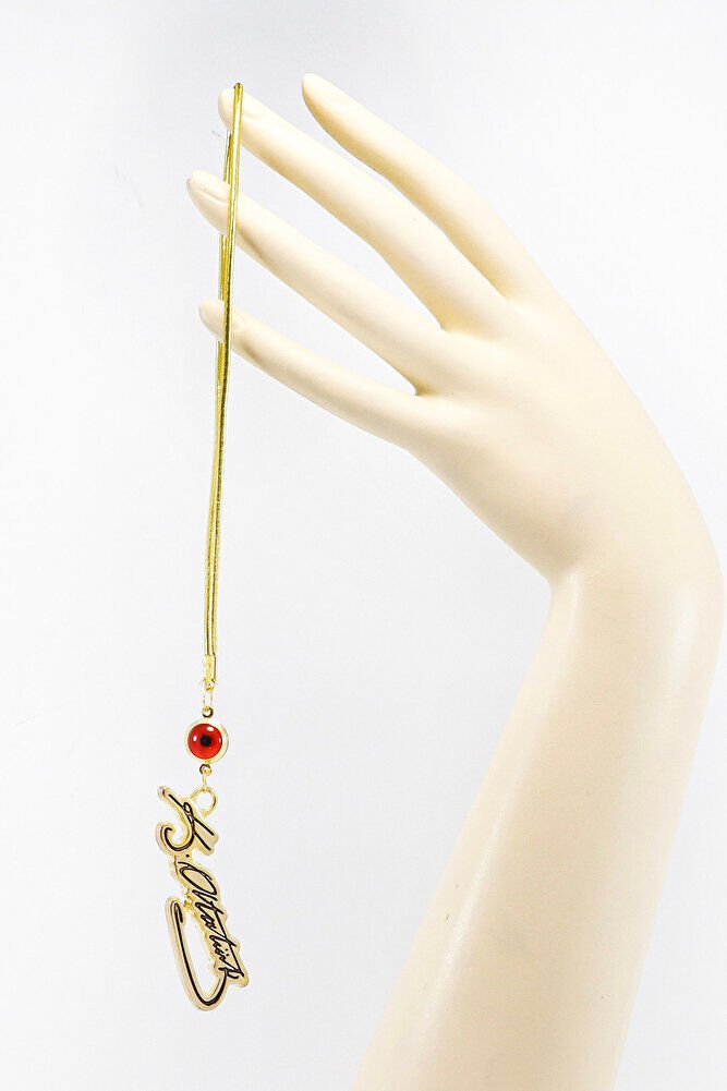 Gold Renkli Çerçeveli Nazar Boncuklu K. Atatürk İmzalı Araba Dikiz Ayna Süsü, Yeni Araba Hediyesi