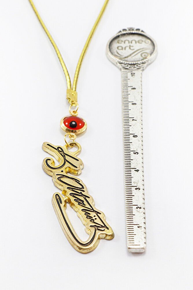 Gold Renkli Çerçeveli Nazar Boncuklu K. Atatürk İmzalı Araba Dikiz Ayna Süsü, Yeni Araba Hediyesi