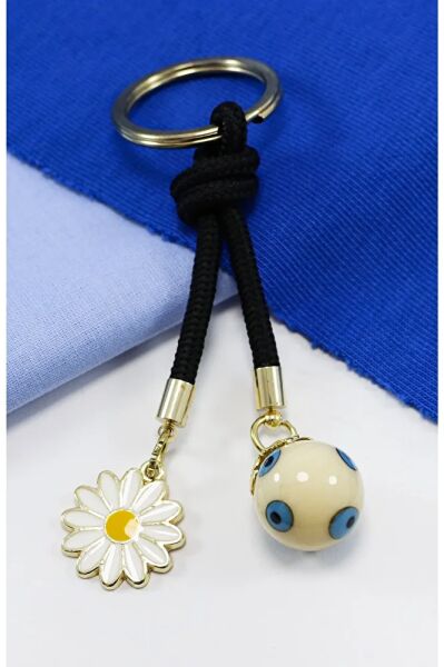 Black Glass Evil Eye Beaded Daisy Keychain, Gift Glass Beaded Bag Ornament