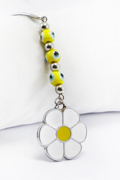 Gümüş Renkli Sarı Nazar Boncuklu Metal Papatya Araba Dikiz Ayna Süsü, Yeni Araba Hediyesi