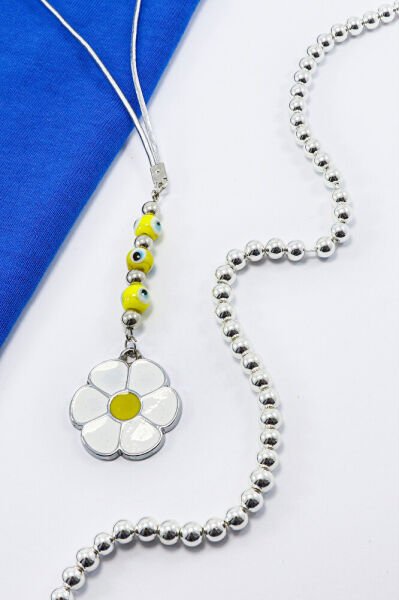 Gümüş Renkli Sarı Nazar Boncuklu Metal Papatya Araba Dikiz Ayna Süsü, Yeni Araba Hediyesi