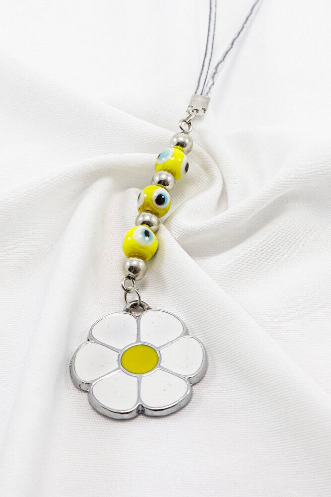 Gümüş Renkli Sarı Nazar Boncuklu Metal Papatya Araba Dikiz Ayna Süsü, Yeni Araba Hediyesi