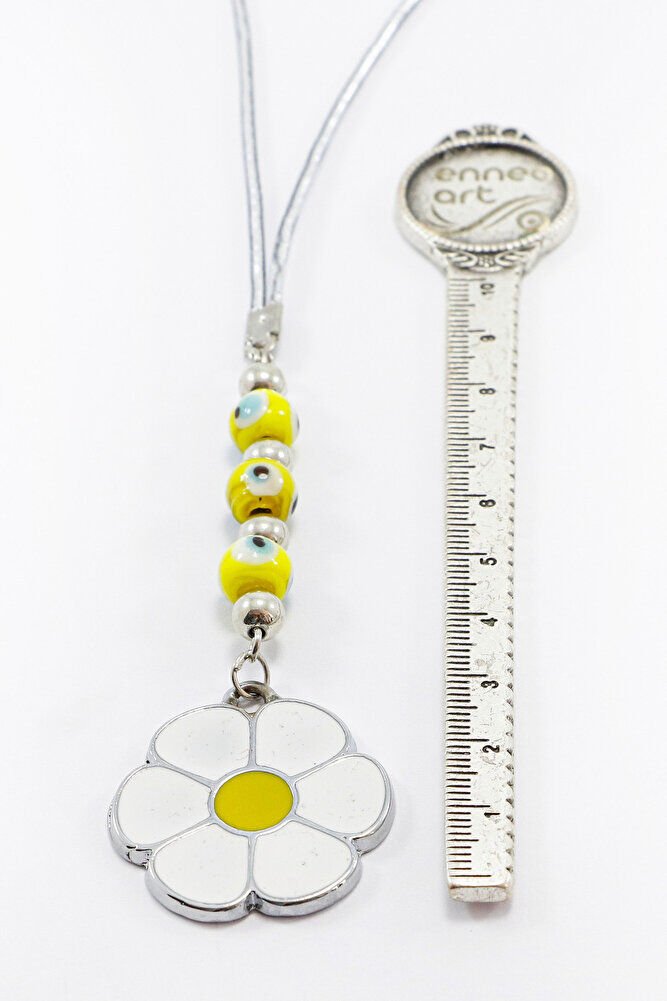 Gümüş Renkli Sarı Nazar Boncuklu Metal Papatya Araba Dikiz Ayna Süsü, Yeni Araba Hediyesi