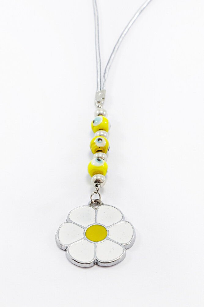 Gümüş Renkli Sarı Nazar Boncuklu Metal Papatya Araba Dikiz Ayna Süsü, Yeni Araba Hediyesi