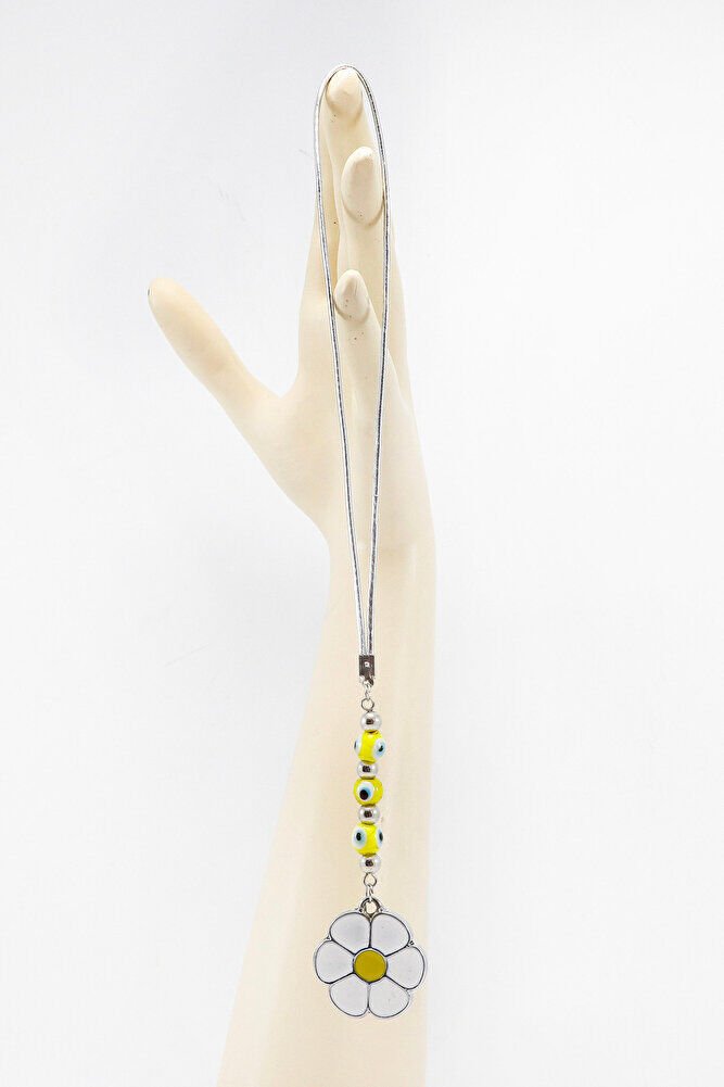 Gümüş Renkli Sarı Nazar Boncuklu Metal Papatya Araba Dikiz Ayna Süsü, Yeni Araba Hediyesi