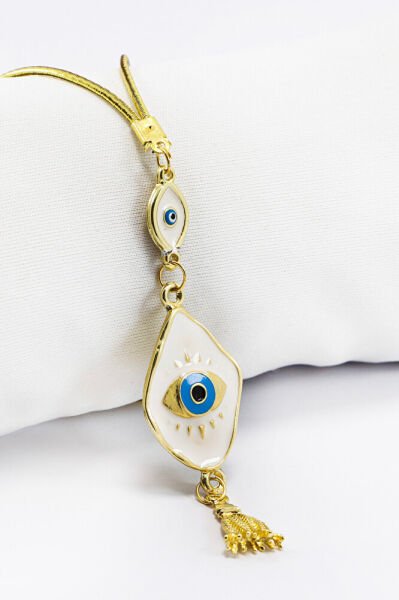 Beyaz Elips Nazarlı Göz Figürlü Püsküllü Dikiz Ayna Süsü, Yeni Araba Hediyesi