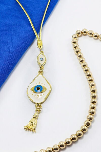 Beyaz Elips Nazarlı Göz Figürlü Püsküllü Dikiz Ayna Süsü, Yeni Araba Hediyesi