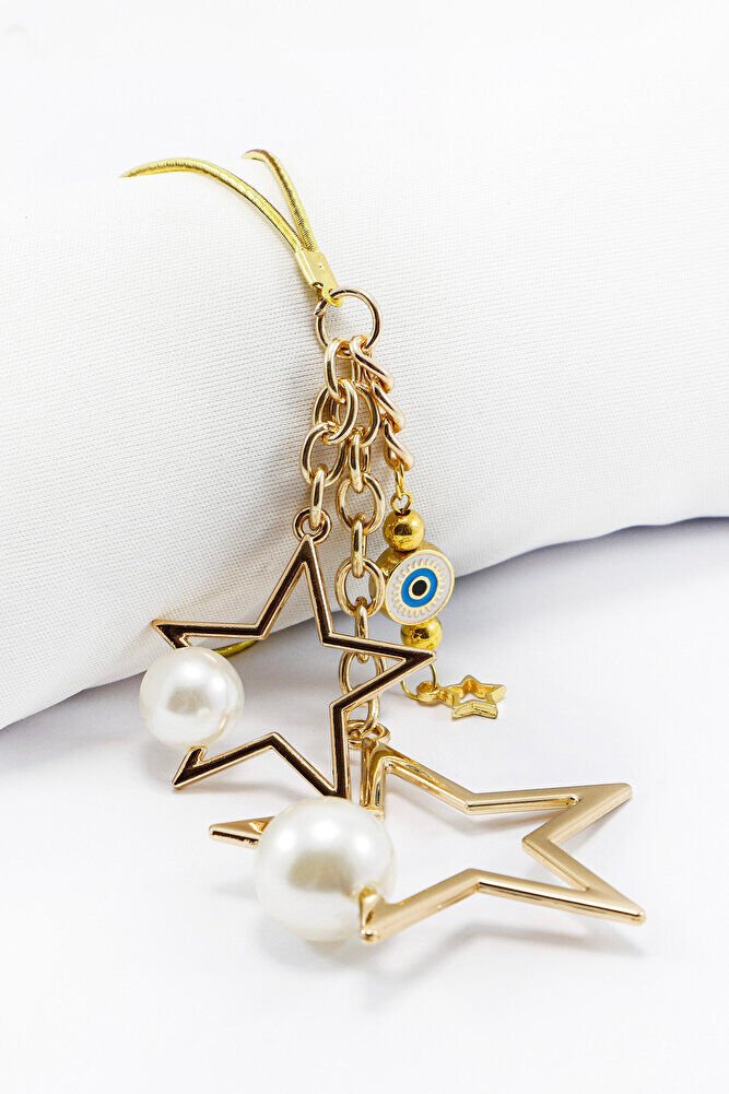 Gold Renkli İncili Salkım Yıldızlı Araba Dikiz Ayna Süsü, Yeni Araba Hediyesi