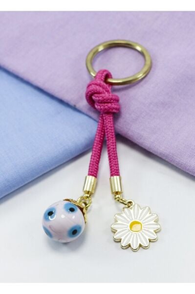 Pink Glass Evil Eye Beaded Daisy Keychain, Gift Glass Beaded Bag Ornament