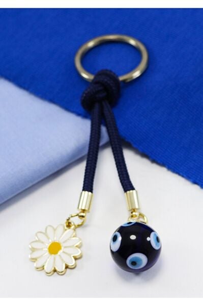 Navy Blue Glass Evil Eye Beaded Daisy Keychain, Gift Glass Beaded Bag Ornament